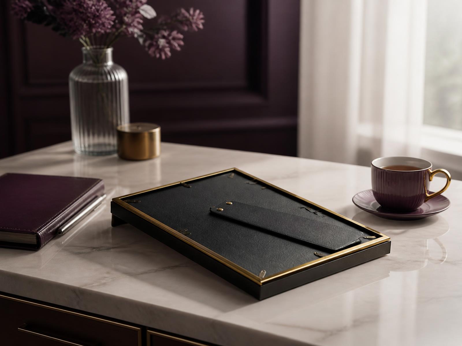 A framed award resting face-down on a marble desk beside a closed notebook in morning light