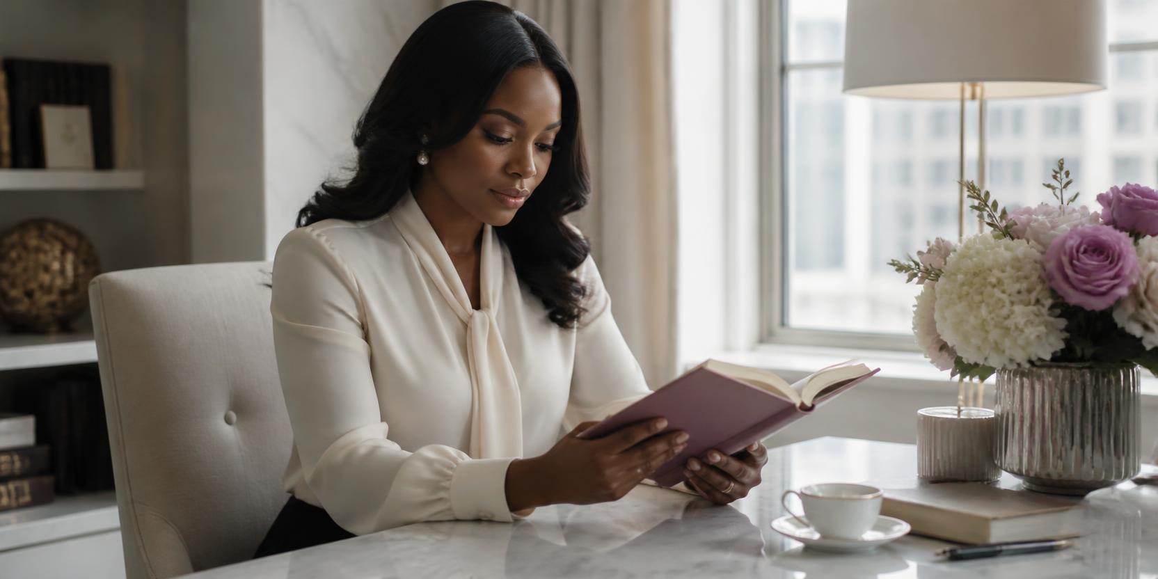 A woman executive reading quietly at a marble desk in morning light