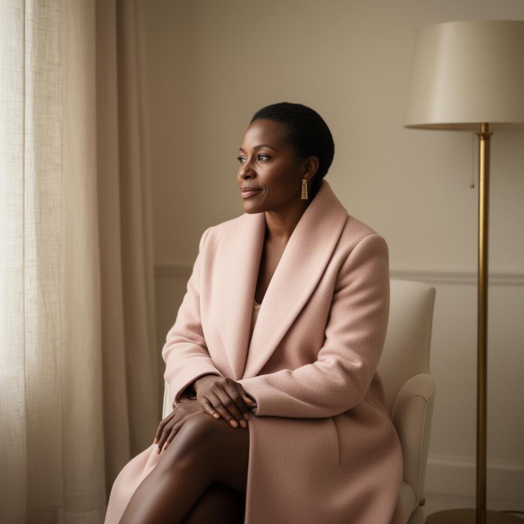 A grounded high-achieving woman in a blush wool coat, seated in a calm interior