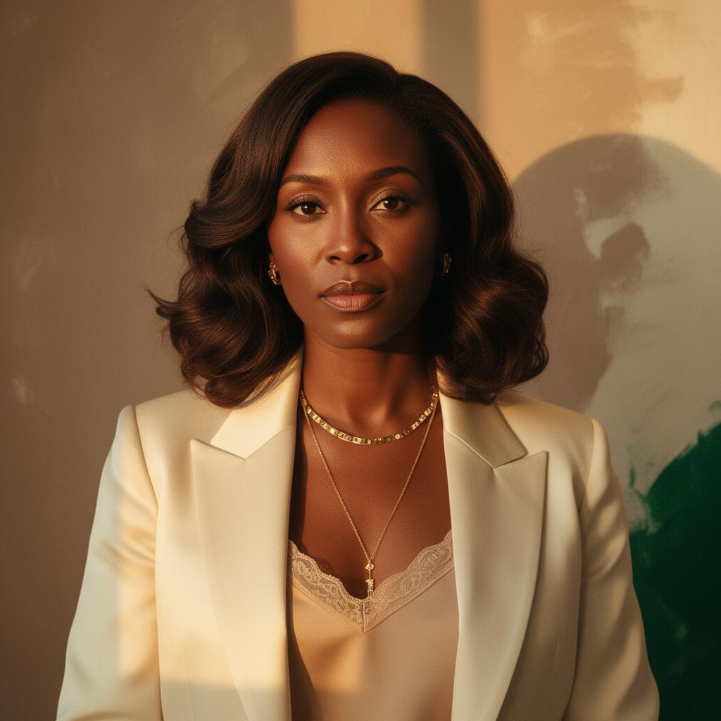 Editorial portrait of a poised high-achieving woman in cream and gold