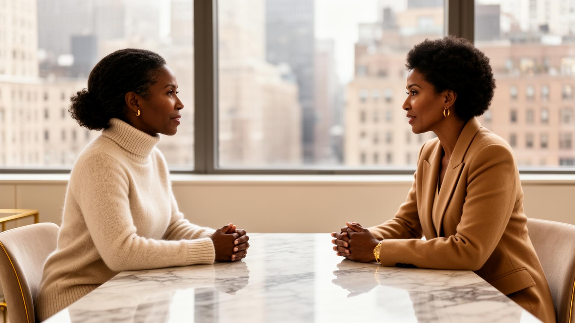 Two diverse professional women in considered conversation across a marble table