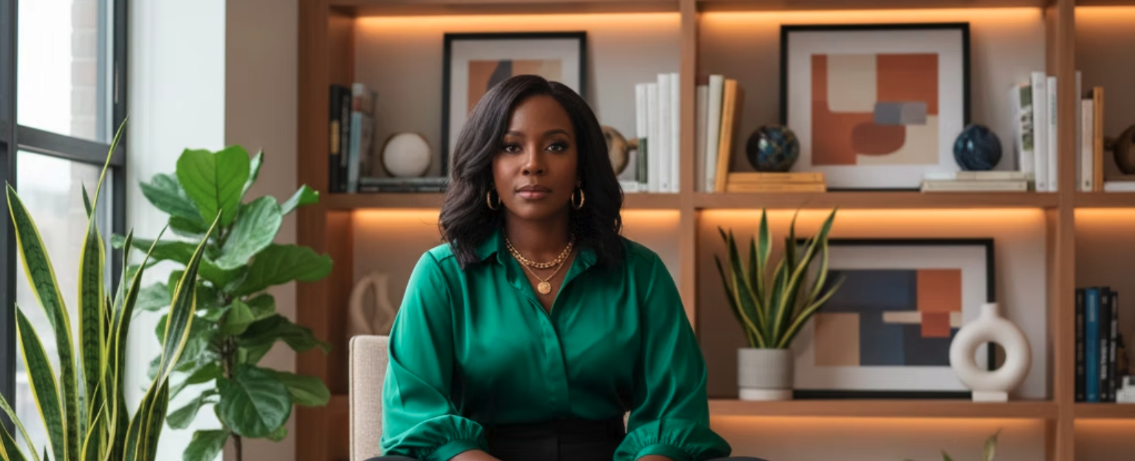 A high-achieving woman in a green silk blouse in a refined office setting