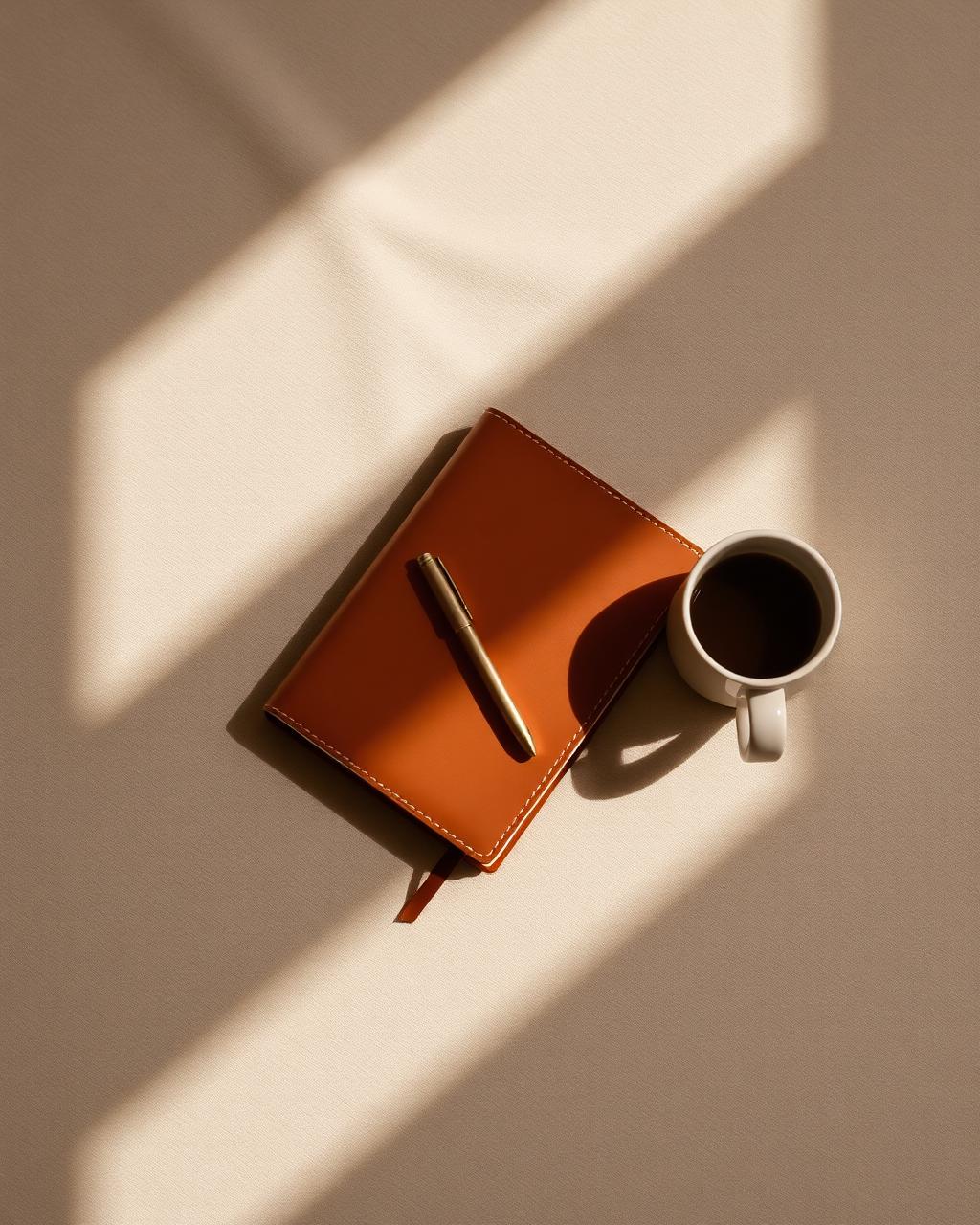 An editorial still life of a closed leather journal, brass pen, and ceramic coffee cup on linen