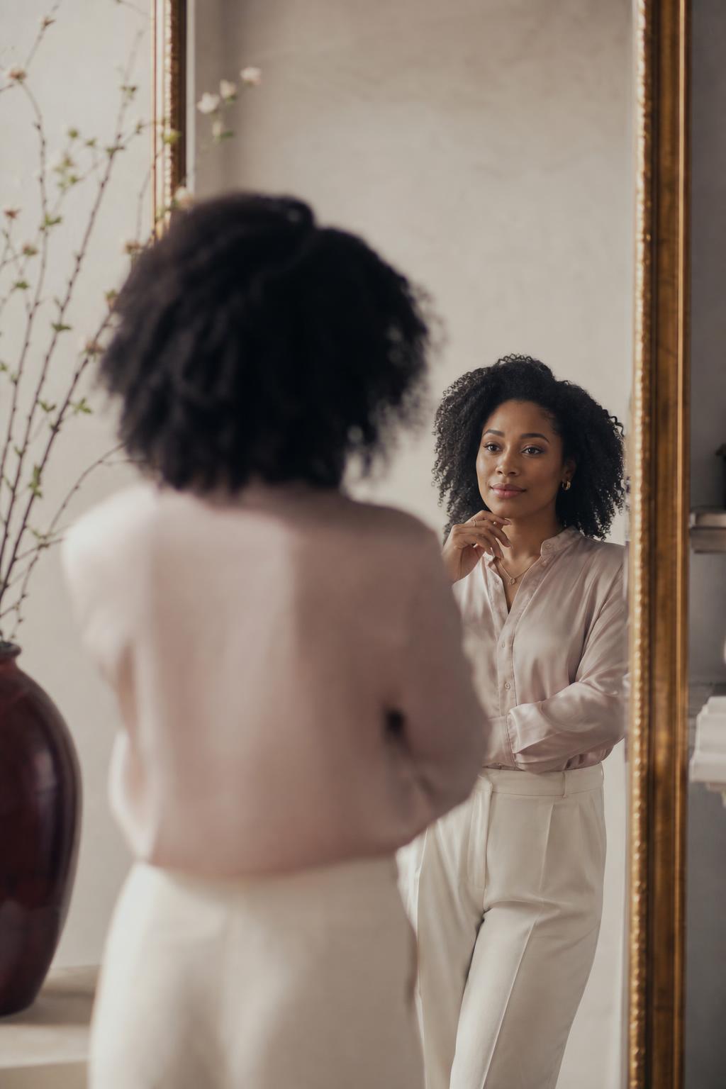 A young woman looking into a mirror with a quiet, grounded expression, seeing herself with clarity and peace