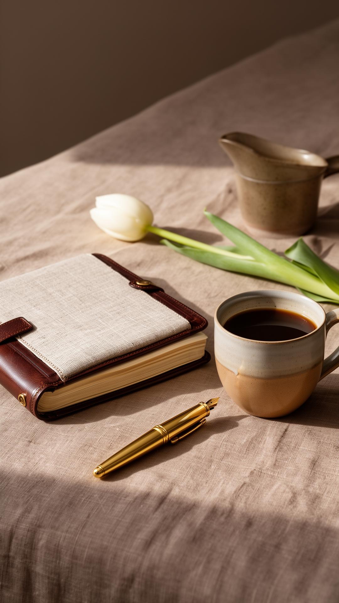 Editorial still life — journal and refined objects on a marble table